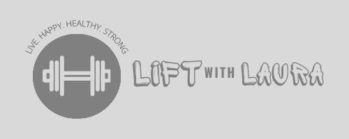 An image of the Lift With Laura Logo. A circular pink dumbell weight over the name on a black background with the subtitle above saying Live, Happy, Healthy, Strong.